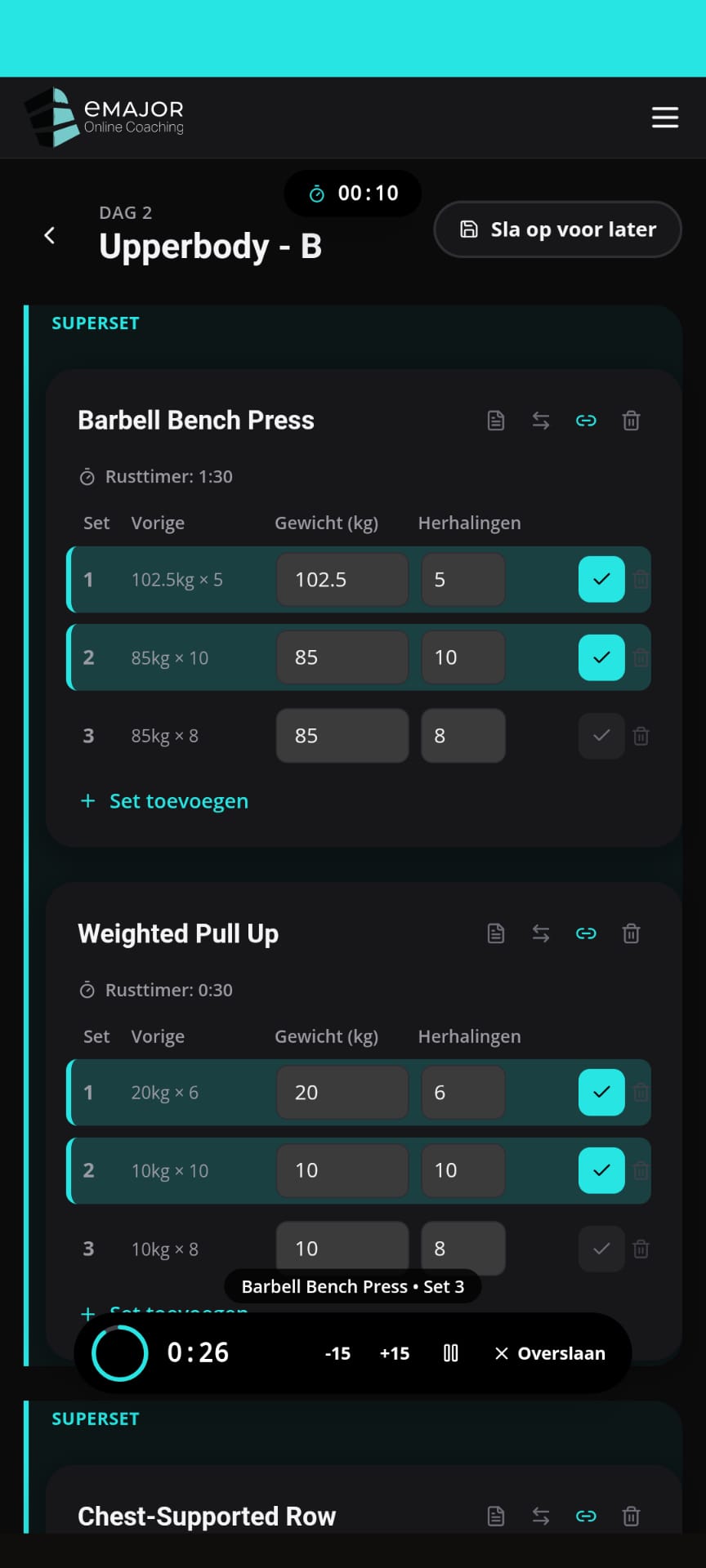 eMAJOR app — trainingslogger met sets, herhalingen en rusttimer