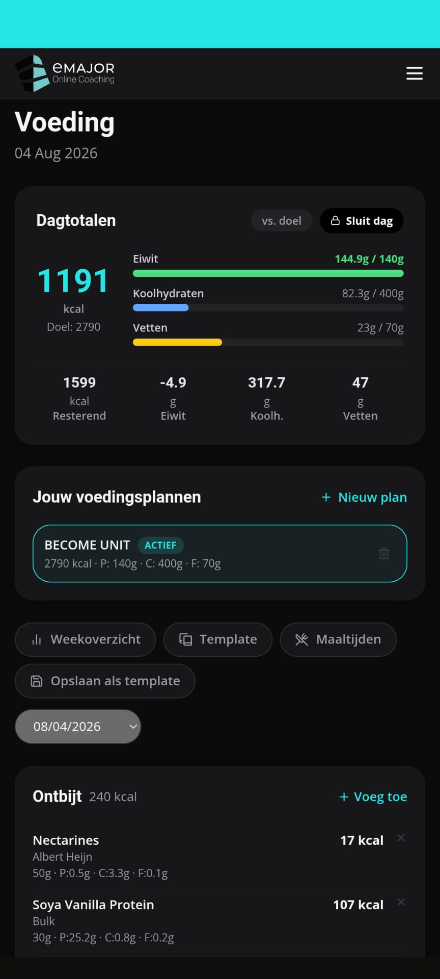 eMAJOR app — voedingstracker met dagtotalen en macro's